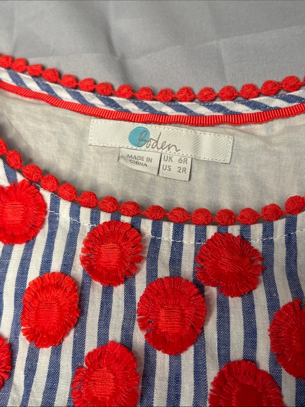 Boden Blue and White Striped Dress with Red Pom Accents Size 2 2R - Picture 2 of 11